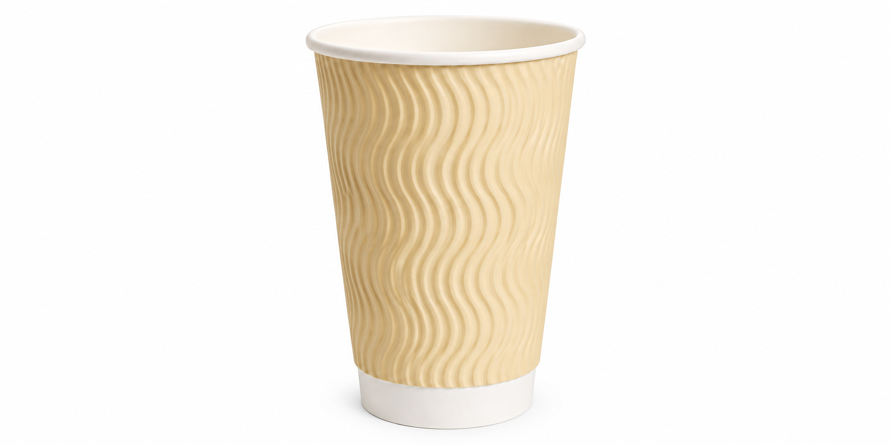 Eco Disposable Tableware beige ripple-walled paper coffee cup for hot or cold beverages on a white background Collage