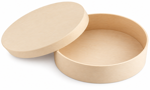 Eco Disposable Tableware round wooden box with lid in a light beige finish for elegant food presentation Collage