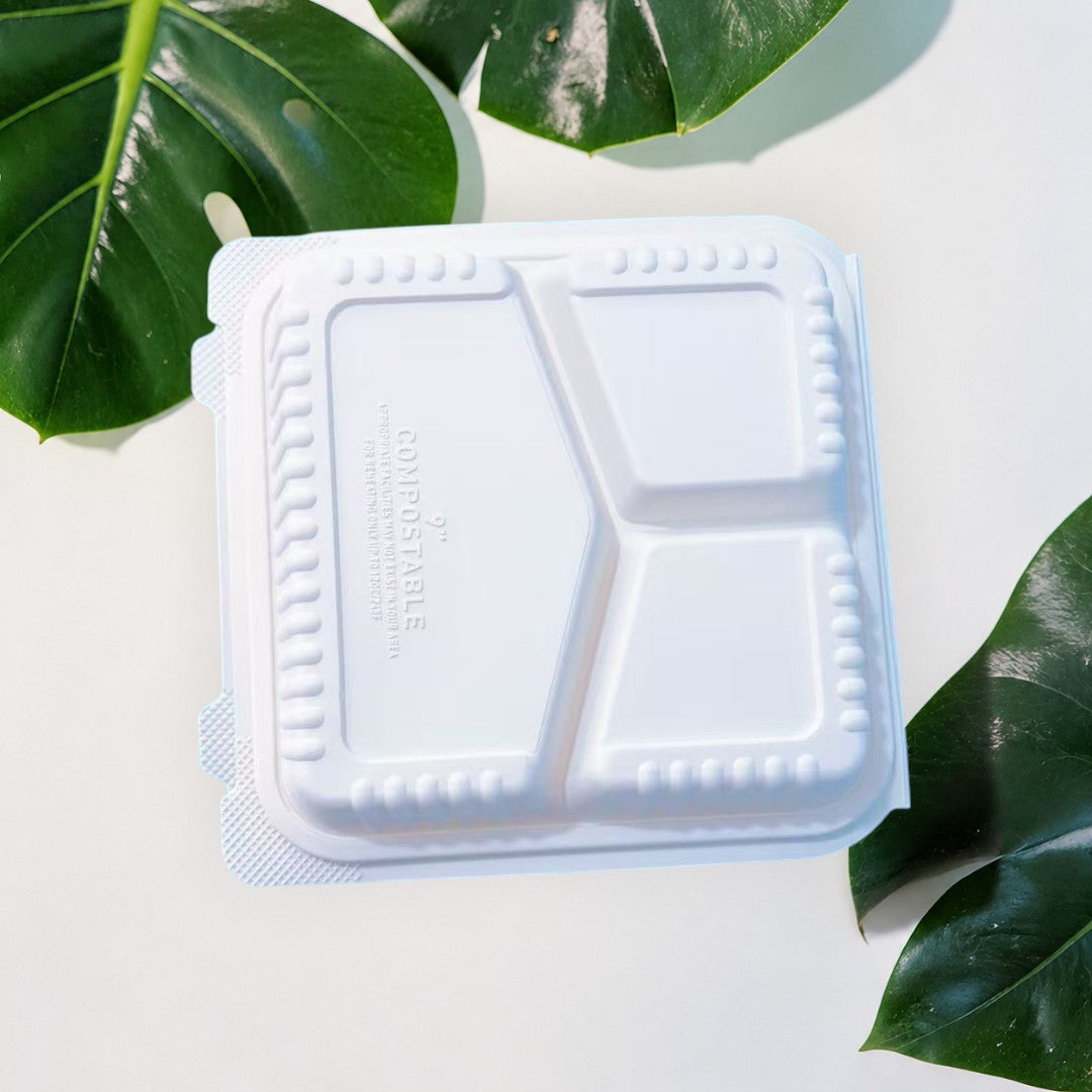 Corn Starch Takeout Containers | 9X9X3" | 3-Comp | Dual Tab