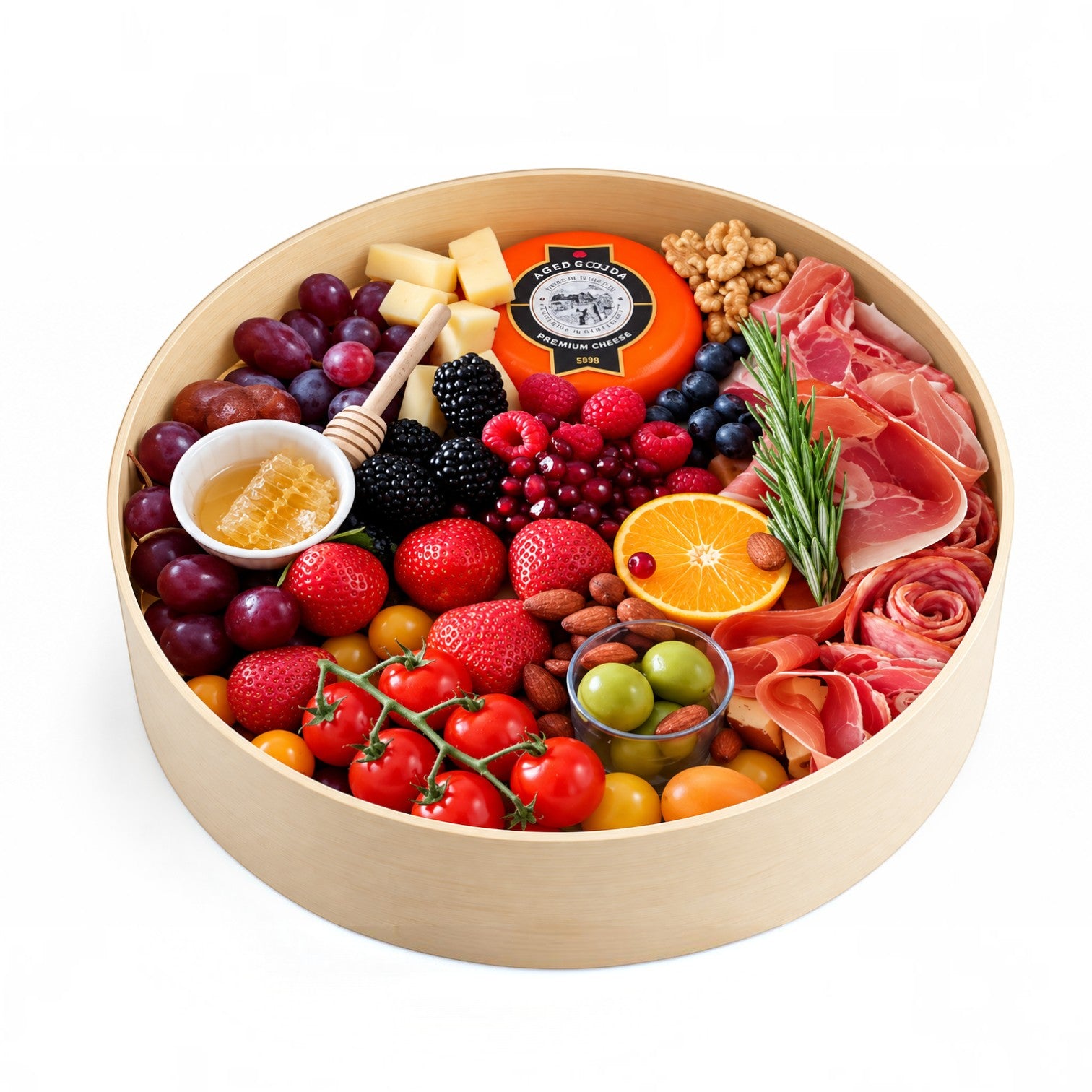 Eco Disposable Tableware round wooden box filled with a gourmet charcuterie board of cheese, fruit, and meats.