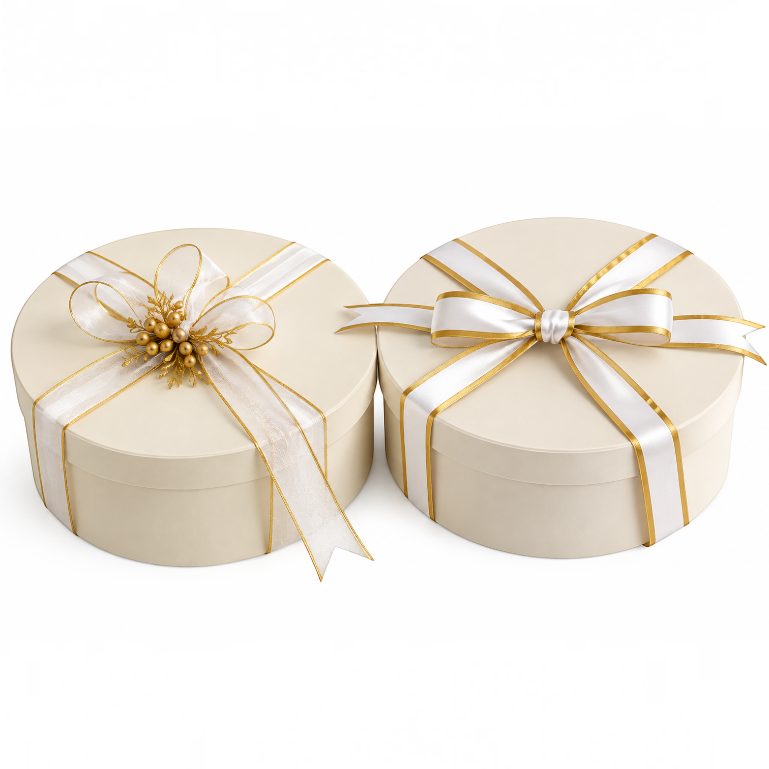 Eco Disposable Tableware round beige wooden gift boxes with elegant white and gold ribbon bows on a white background