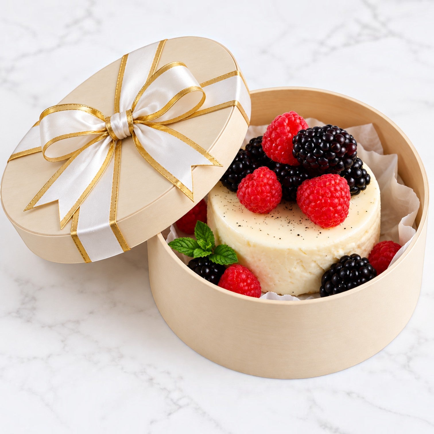 Eco Disposable Tableware round wooden gift box containing a creamy dessert topped with fresh raspberries and blackberries