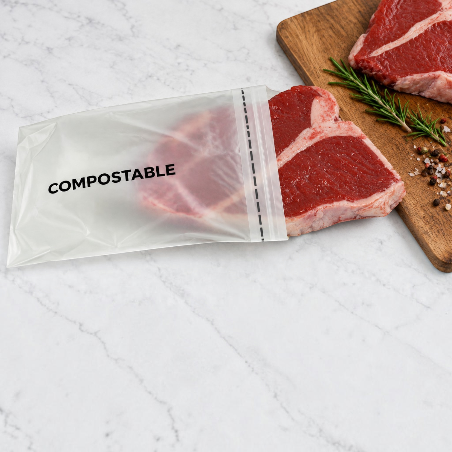 Eco Disposable Tableware compostable clear food storage bag containing raw steak on a marble surface