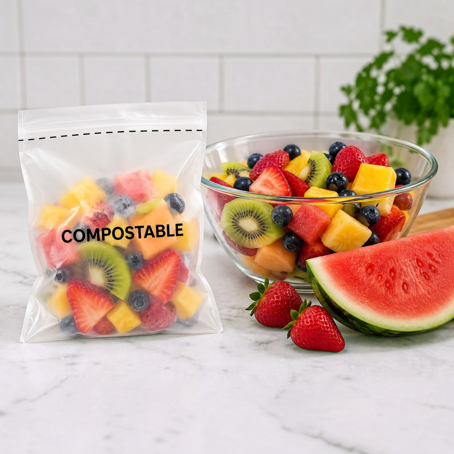 Eco Disposable Tableware compostable storage bag filled with fresh fruit salad next to a glass bowl of fruit