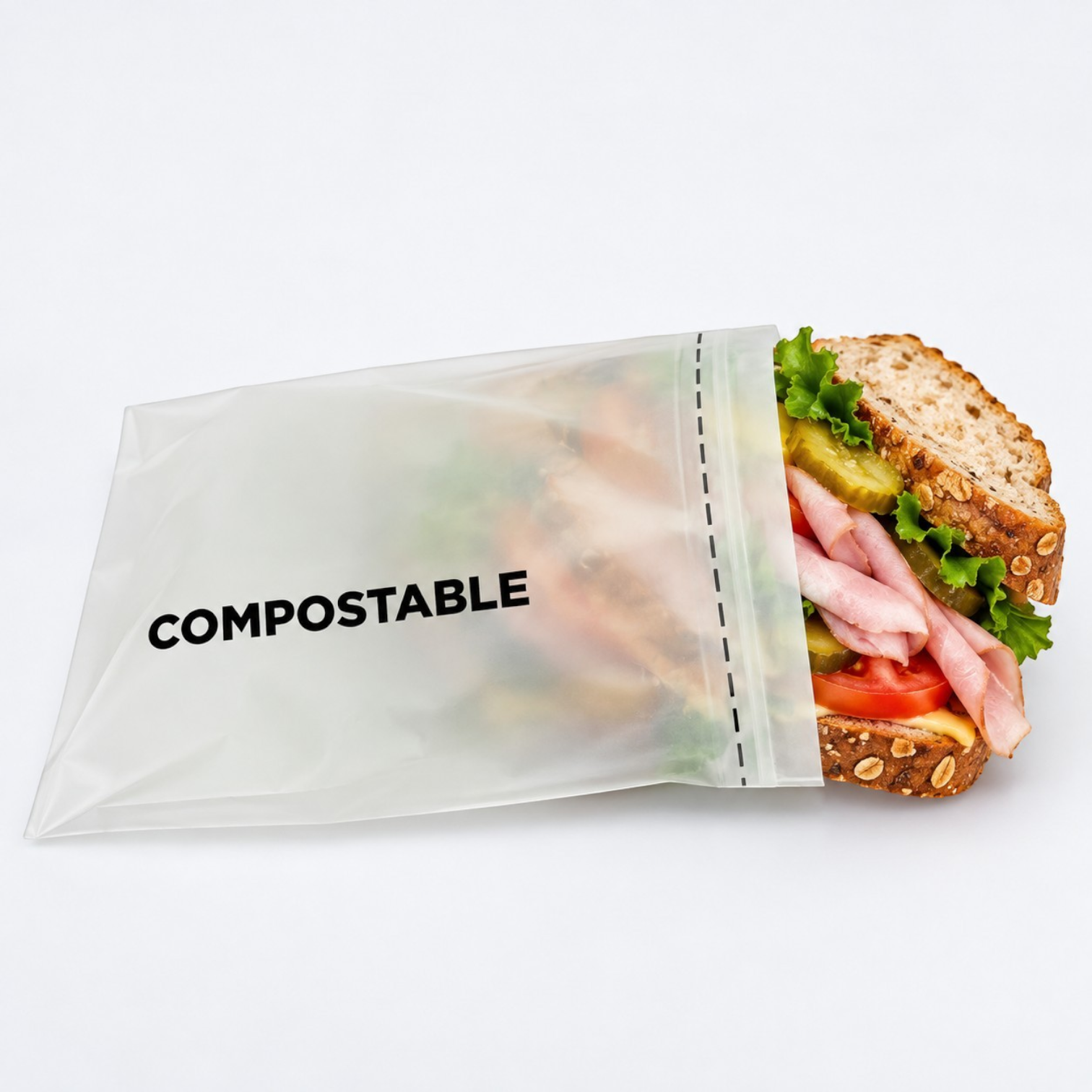 Eco Disposable Tableware compostable sandwich bag containing a fresh ham and vegetable sandwich on whole grain bread