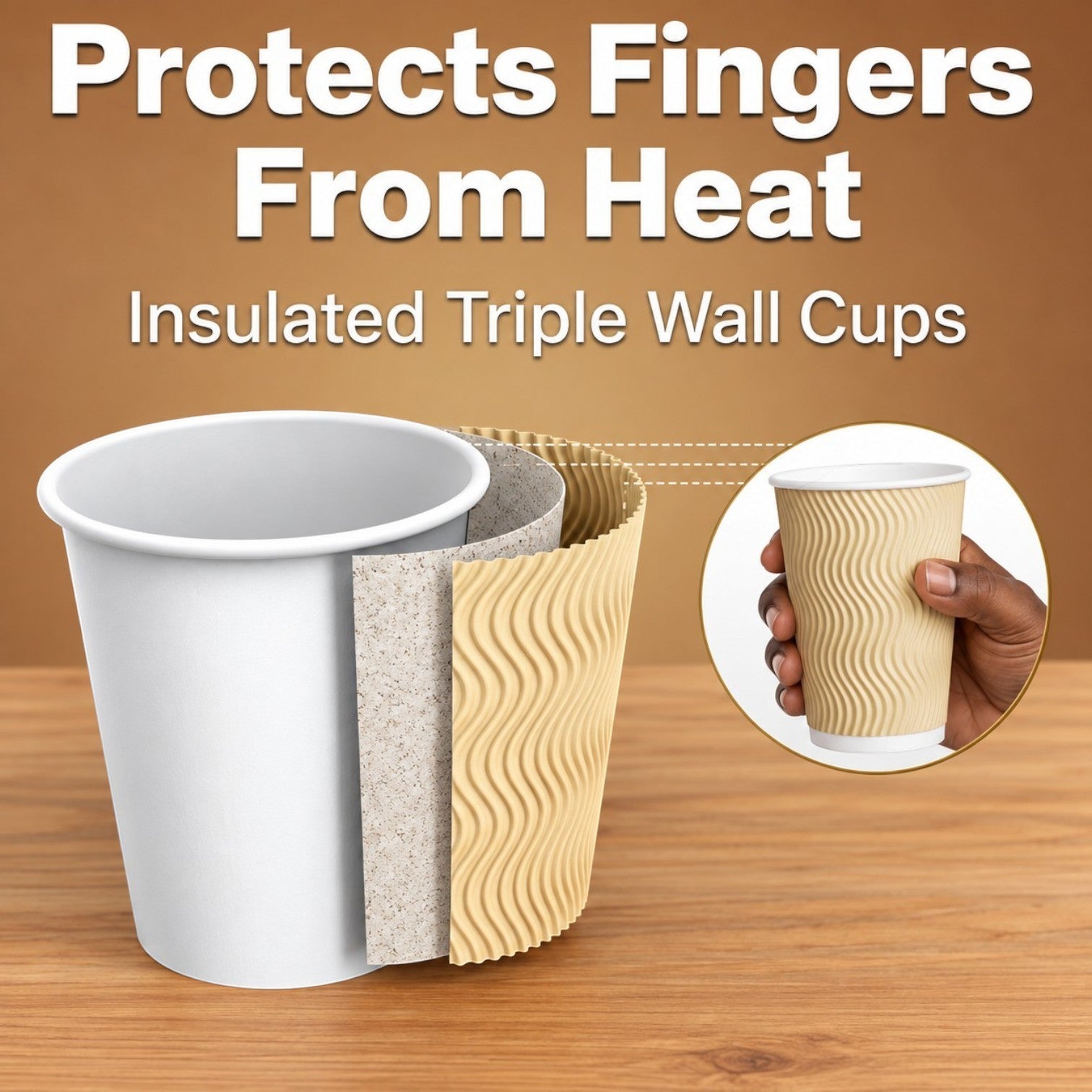 Eco Disposable Tableware insulated triple wall paper cup with beige ripple texture and white interior on wood table