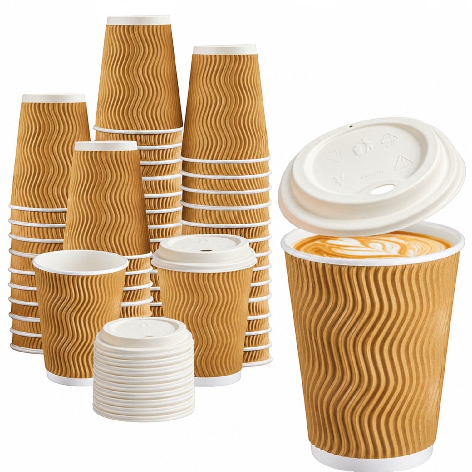 Eco Disposable Tableware ripple wall paper coffee cups with white lids in a stacked arrangement