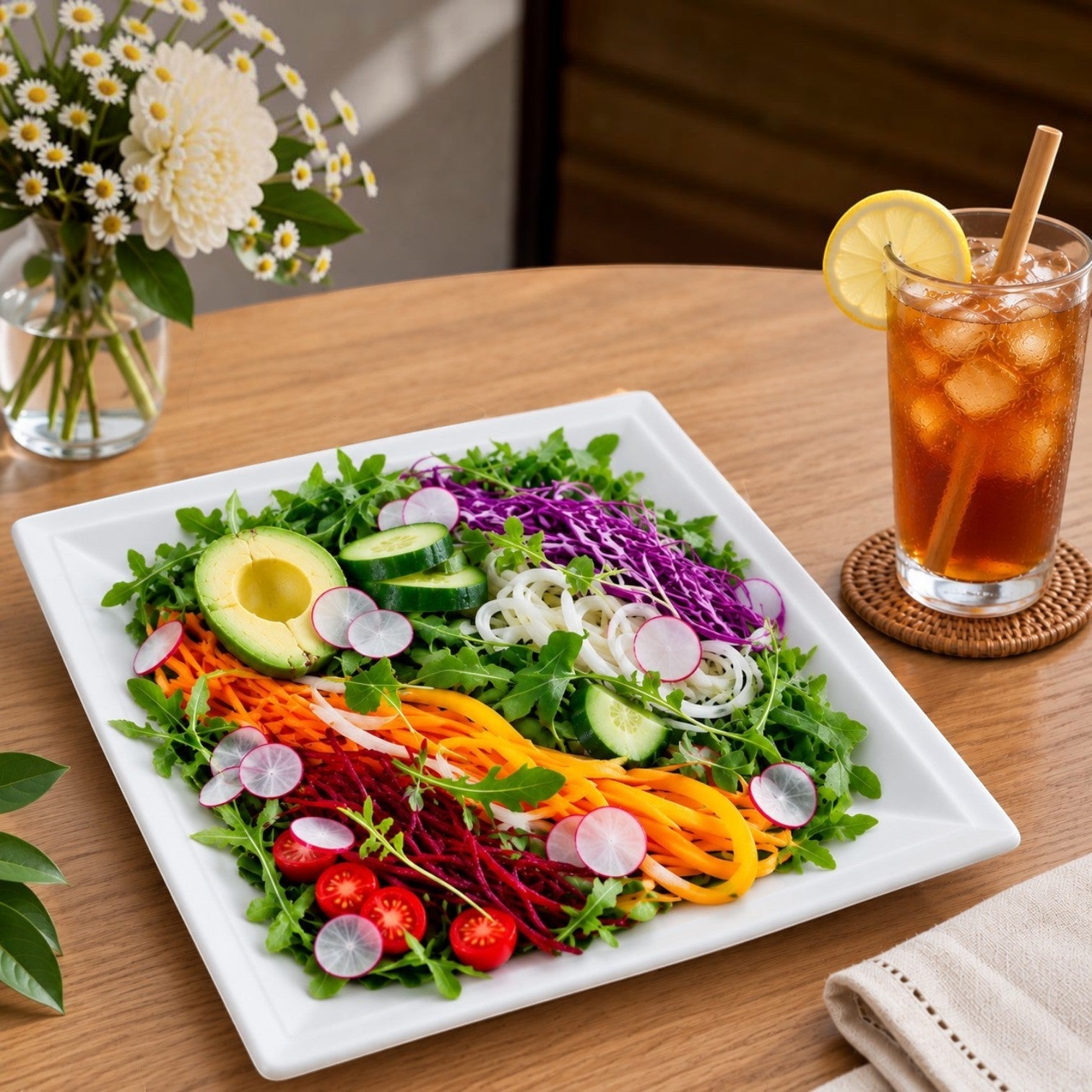 Eco Disposable Tableware white square sugarcane bowl filled with a fresh salad of avocado, carrots, and radishes.