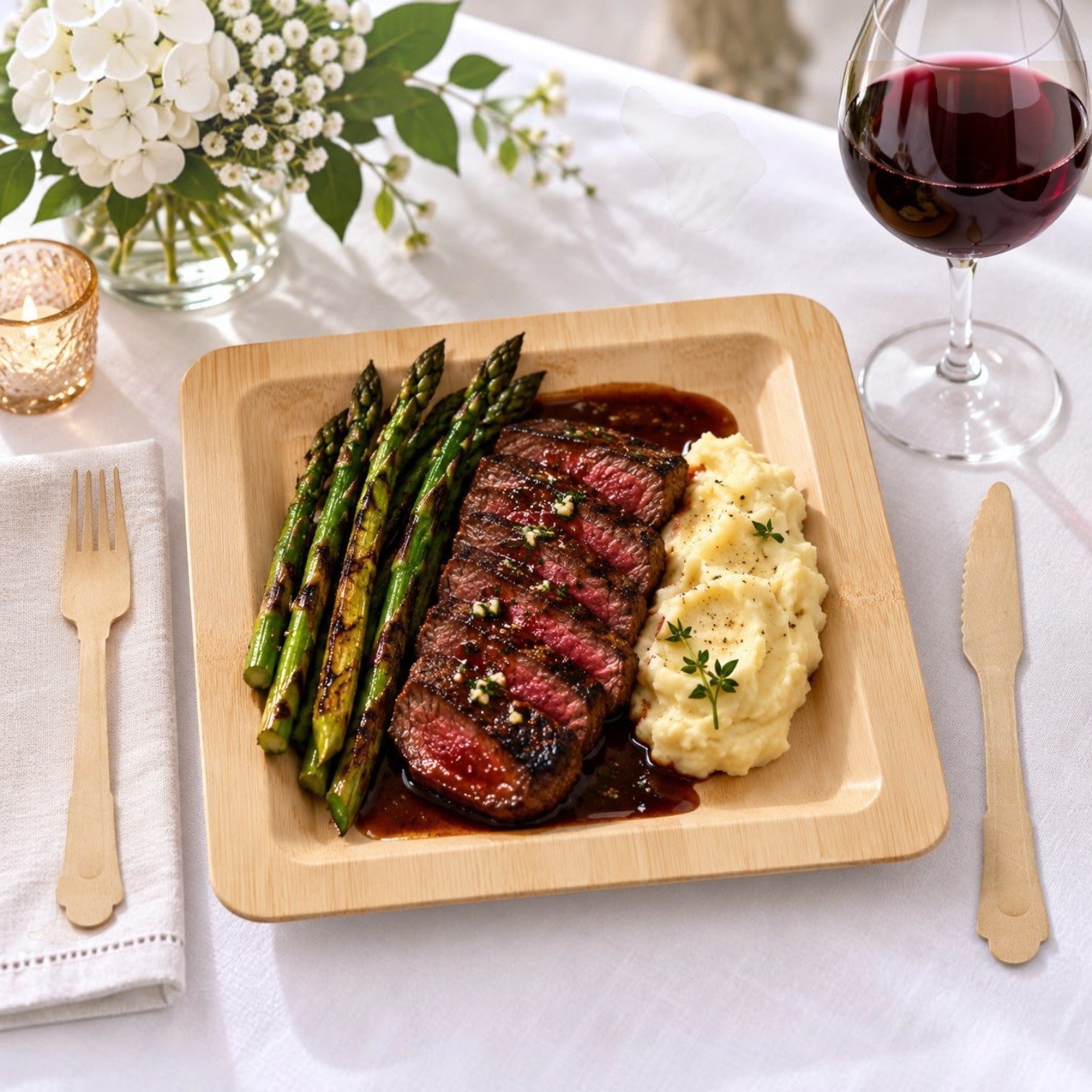Eco Disposable Tableware square wooden plate holding a steak dinner with asparagus and mashed potatoes