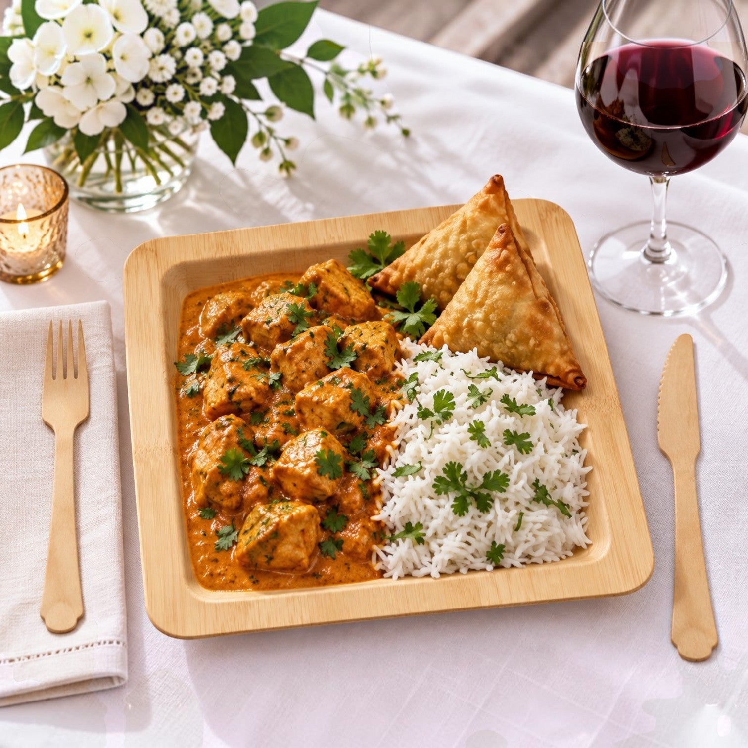 Eco Disposable Tableware square wooden plate serving chicken curry, rice, and samosas on a white tablecloth