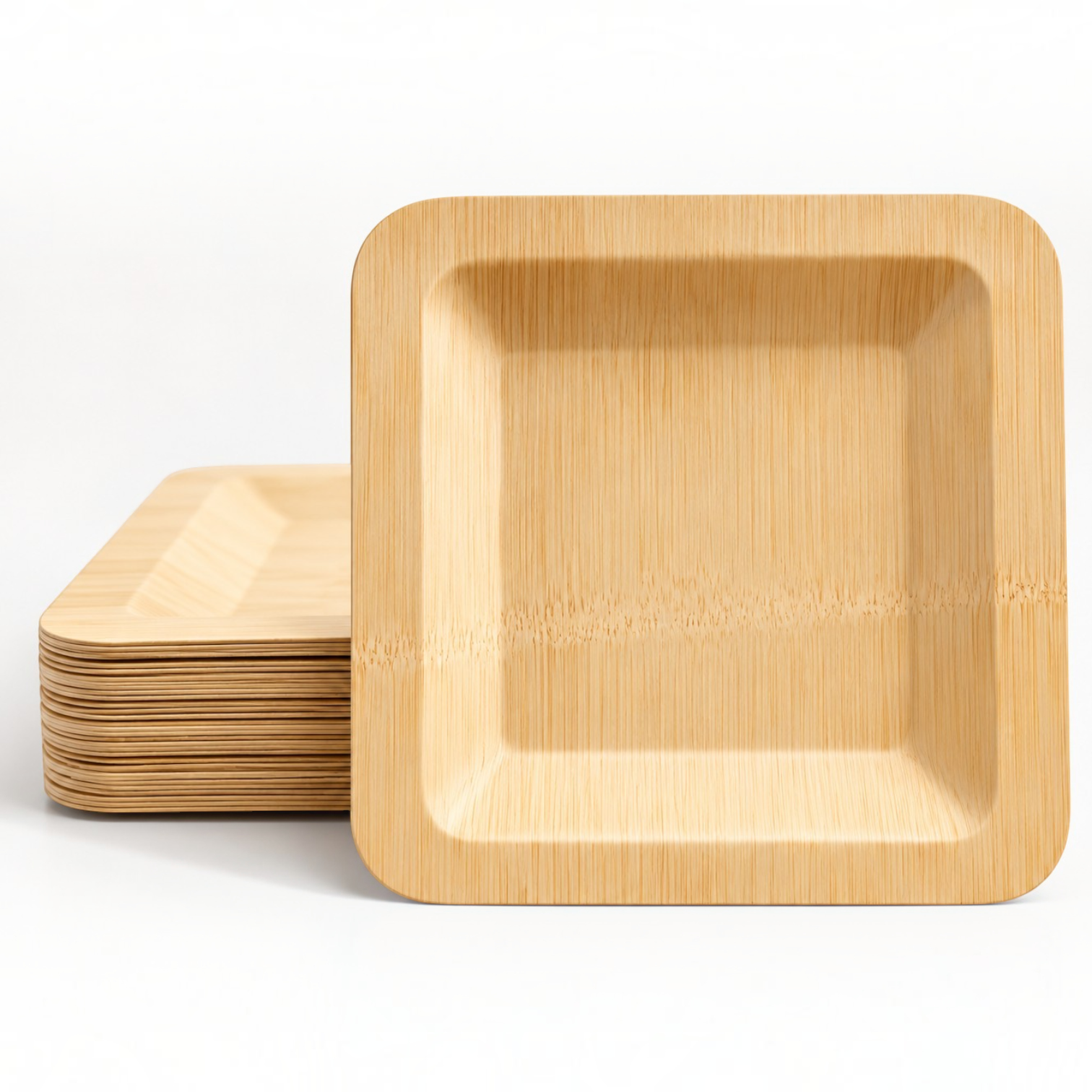 Eco Disposable Tableware square wooden plates stacked, featuring a natural light wood grain finish for modern events.