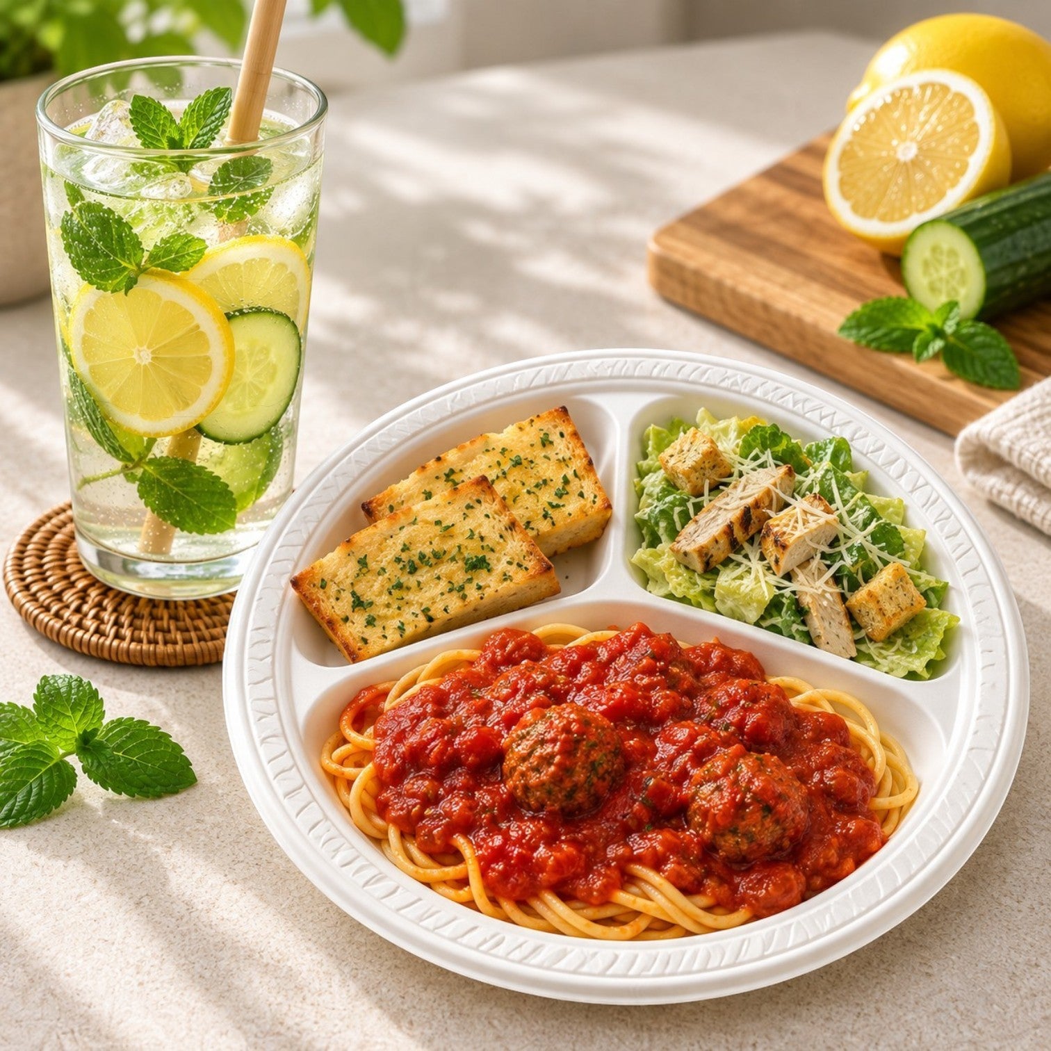 Eco Disposable Tableware white sugarcane divided plate filled with spaghetti, meatballs, garlic bread, and salad.