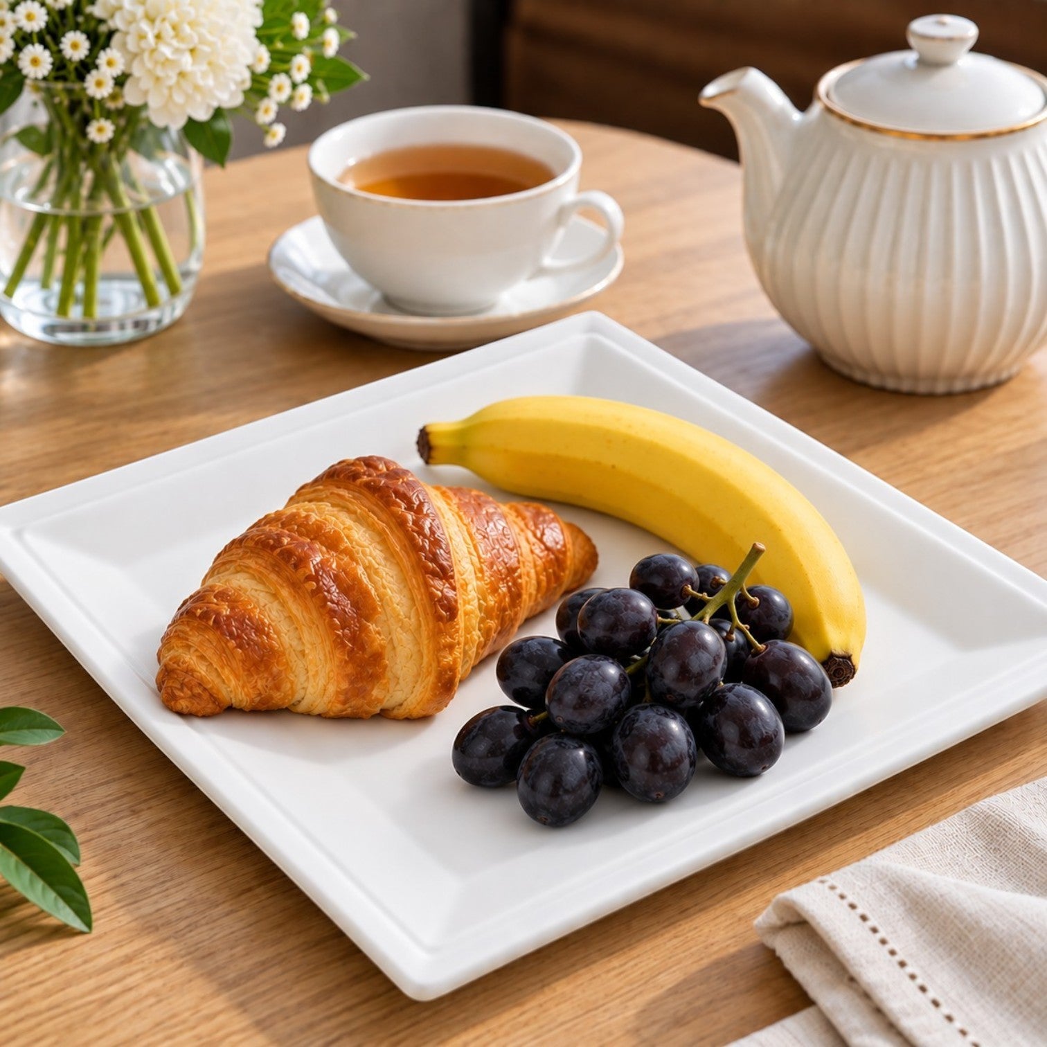Eco Disposable Tableware white square sugarcane plate holding a croissant, banana, and grapes on a wooden table