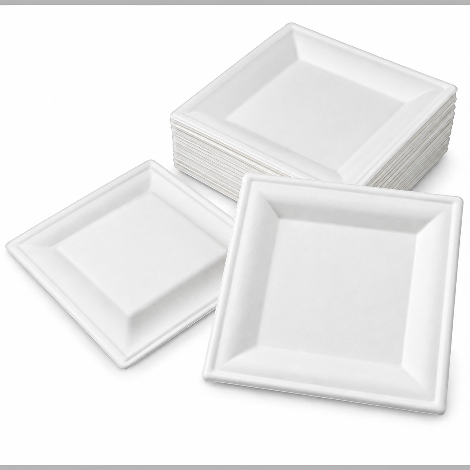 Eco Disposable Tableware white square sugarcane plates stacked and laid out for cold dishes and events.