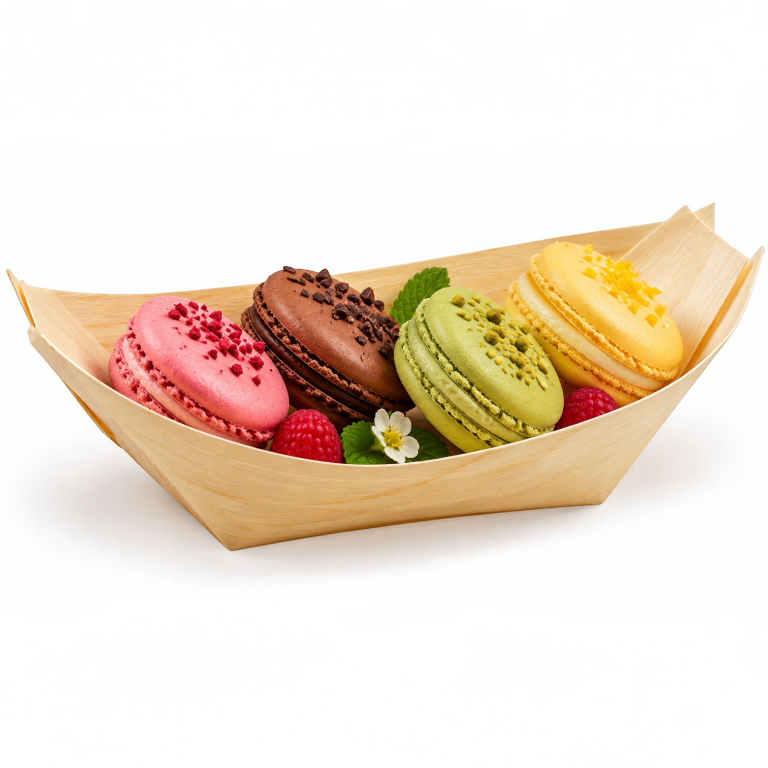 Eco Disposable Tableware wooden boat bowl filled with four colorful macarons and fresh raspberries on white background
