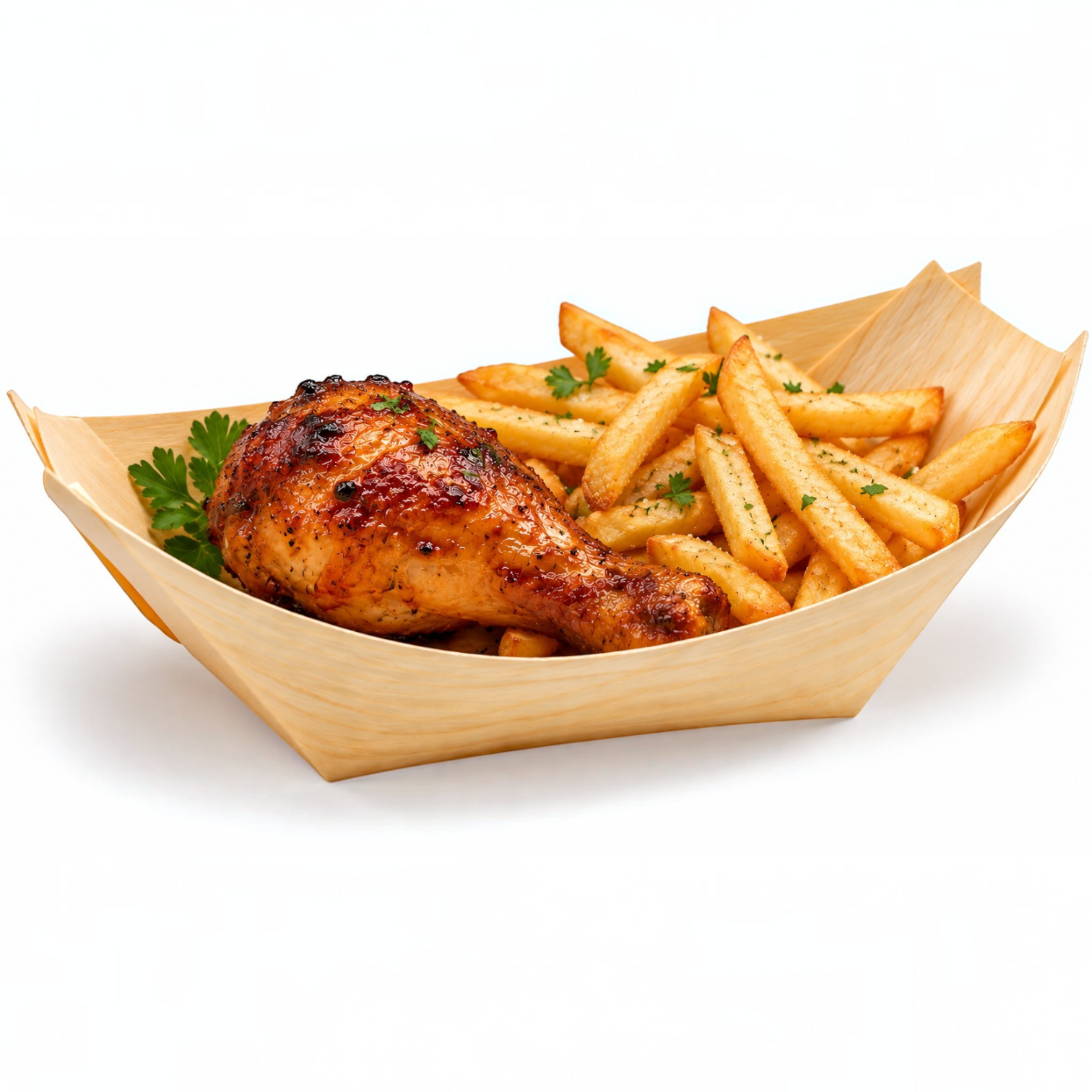 Eco Disposable Tableware wooden boat bowl filled with a roasted chicken drumstick and golden french fries