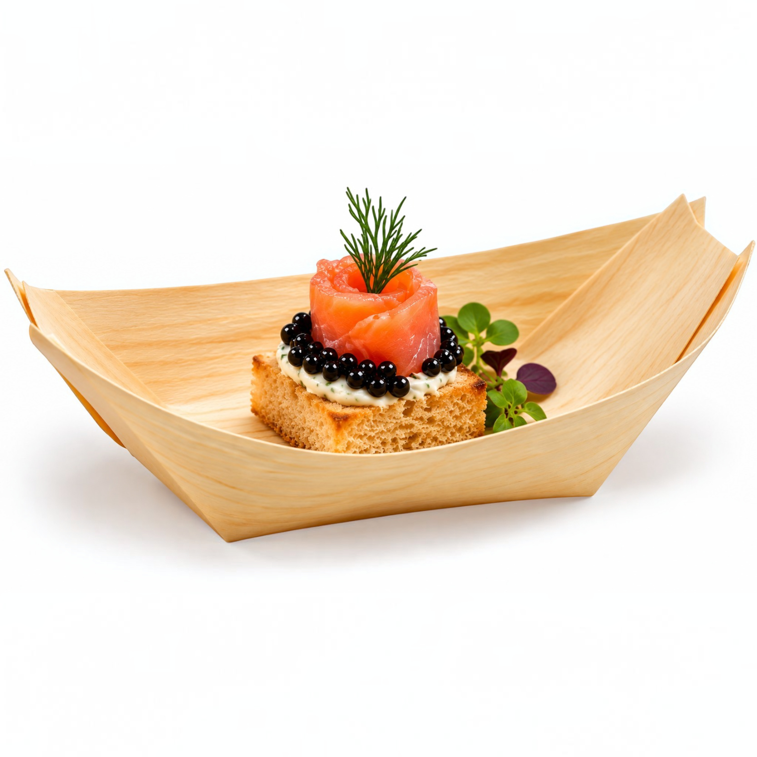 Eco Disposable Tableware wooden boat serving dish holding a gourmet appetizer of salmon, caviar, and toast.